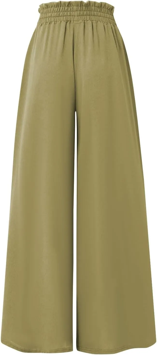 Womens Wide Leg Long Palazzo Pants High Waist Solid Flowy Lounge Pant Beach Vacation Trousers with Pocket