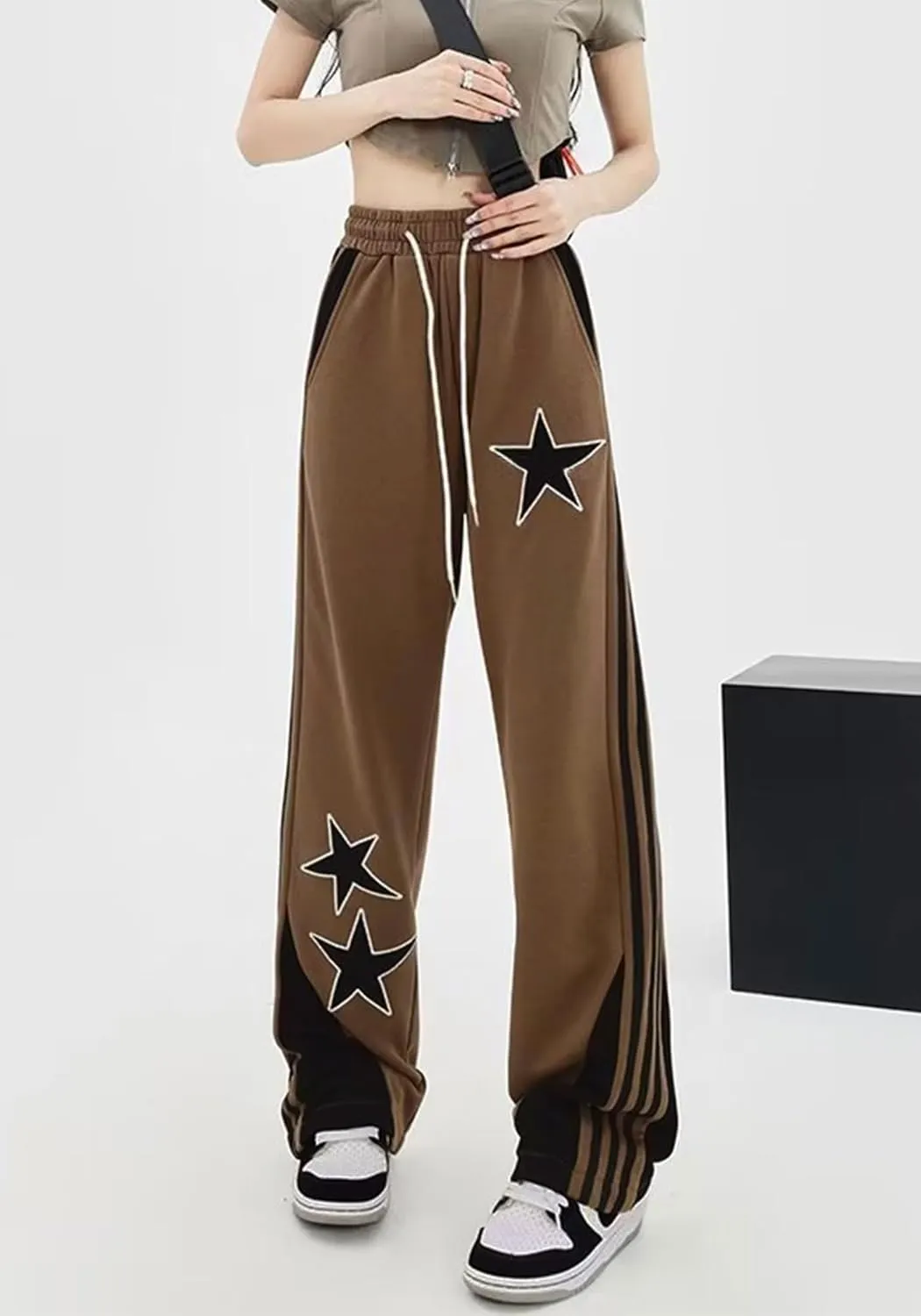 Women's Y2K Star Baggy Wide Leg Sweatpants with Pockets High Waist Drawstring Stripes Patchwork Pants