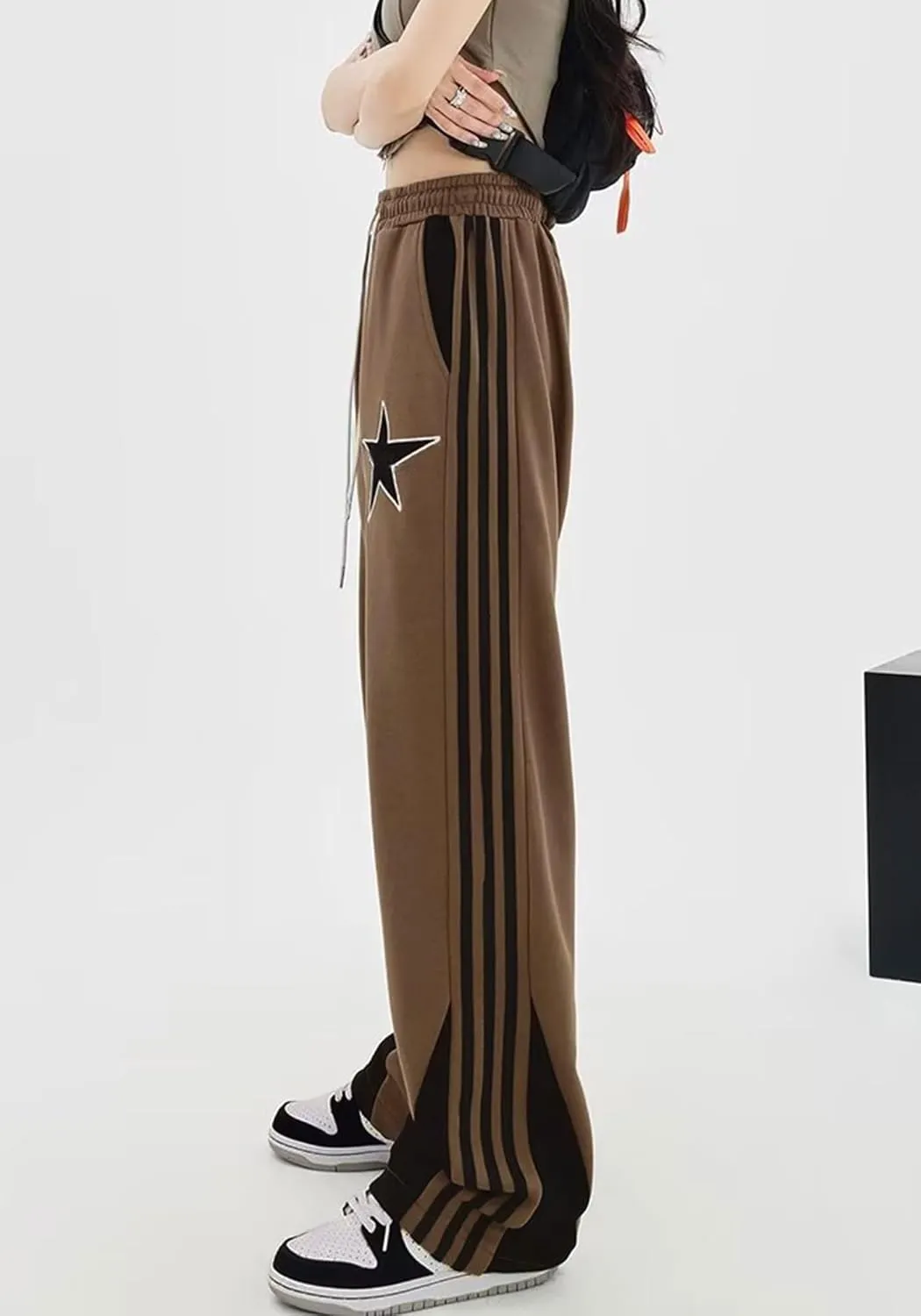 Women's Y2K Star Baggy Wide Leg Sweatpants with Pockets High Waist Drawstring Stripes Patchwork Pants