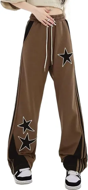 Women's Y2K Star Baggy Wide Leg Sweatpants with Pockets High Waist Drawstring Stripes Patchwork Pants