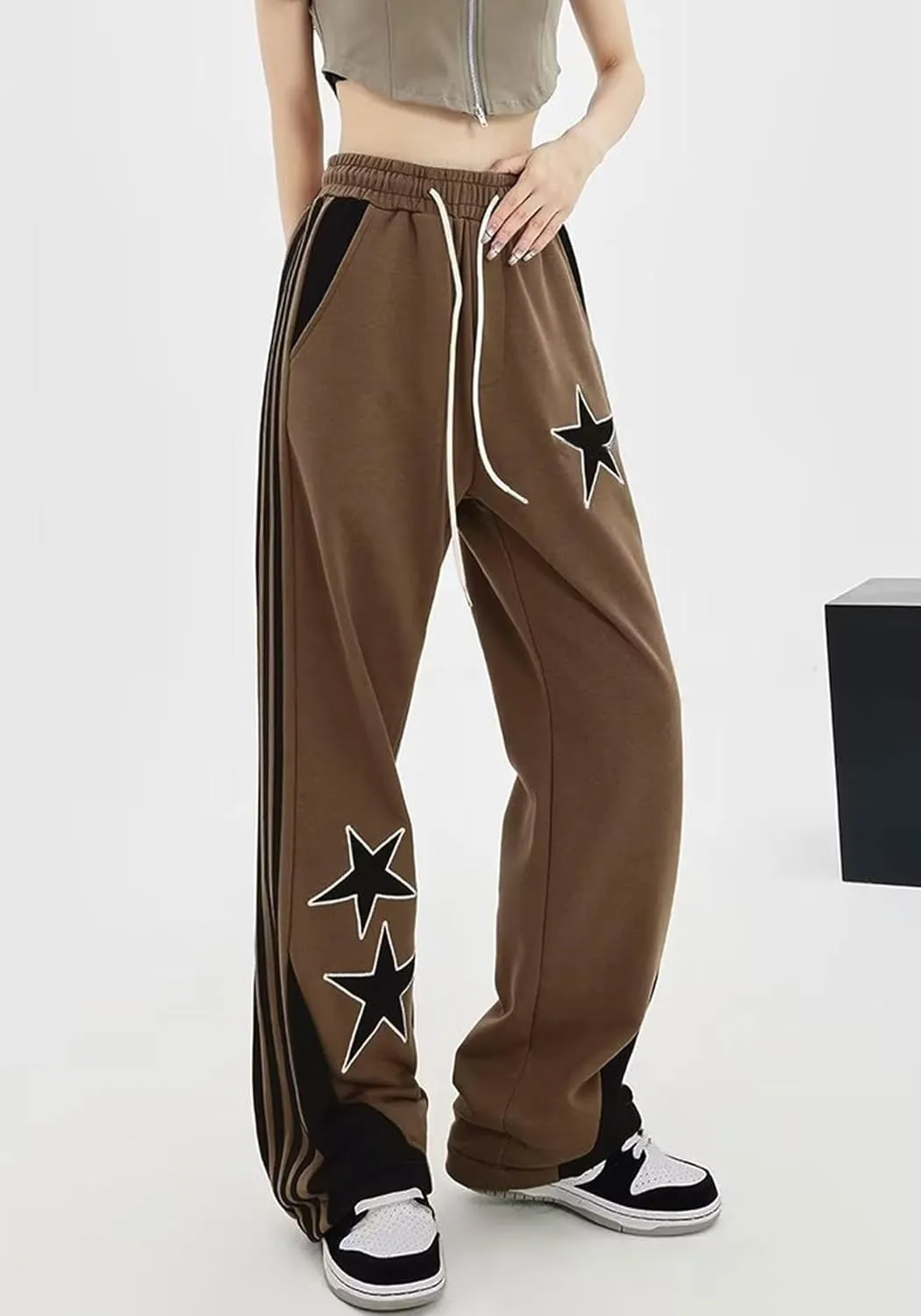 Women's Y2K Star Baggy Wide Leg Sweatpants with Pockets High Waist Drawstring Stripes Patchwork Pants