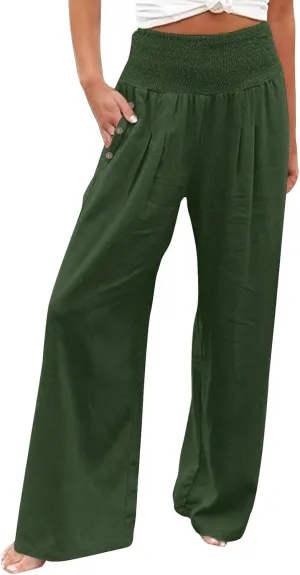 Women'sCasual Linen Pants Linen Wide Leg Pants Women Summer Casual Drawstring Elastic High Waist Summer Palazzo