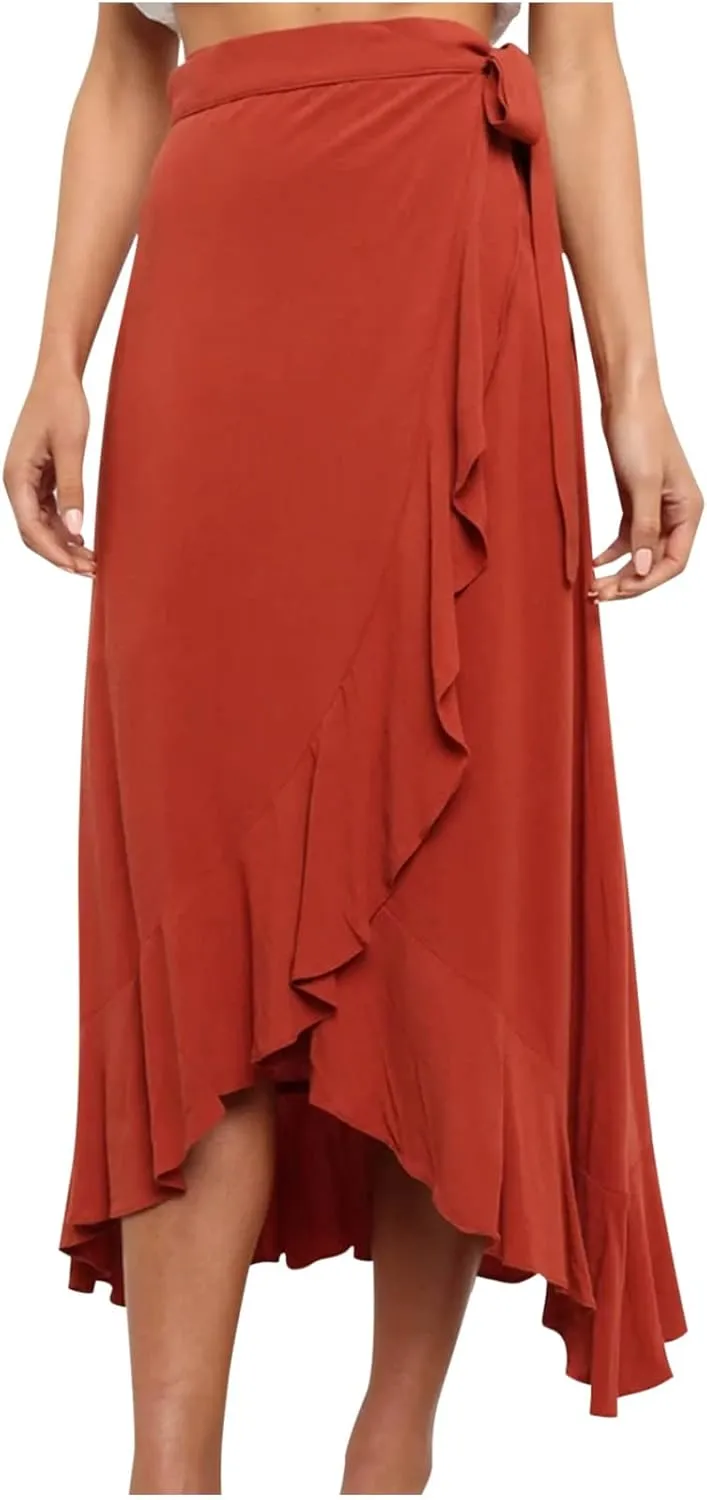 Wrap Skirts for Women Midi Length Skirts Waist Tie Maxi Skirt A-line Ruffle Skirt Flowy Midi Skirt Asymmetrical Skirt