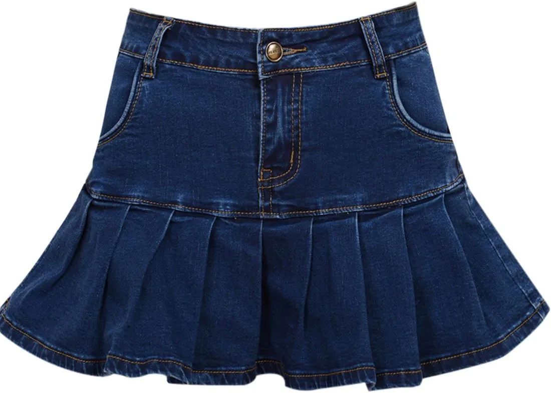 Yeokou Women's Casual Slim A-line Pleated Ruffle Short Mini Denim Skirts