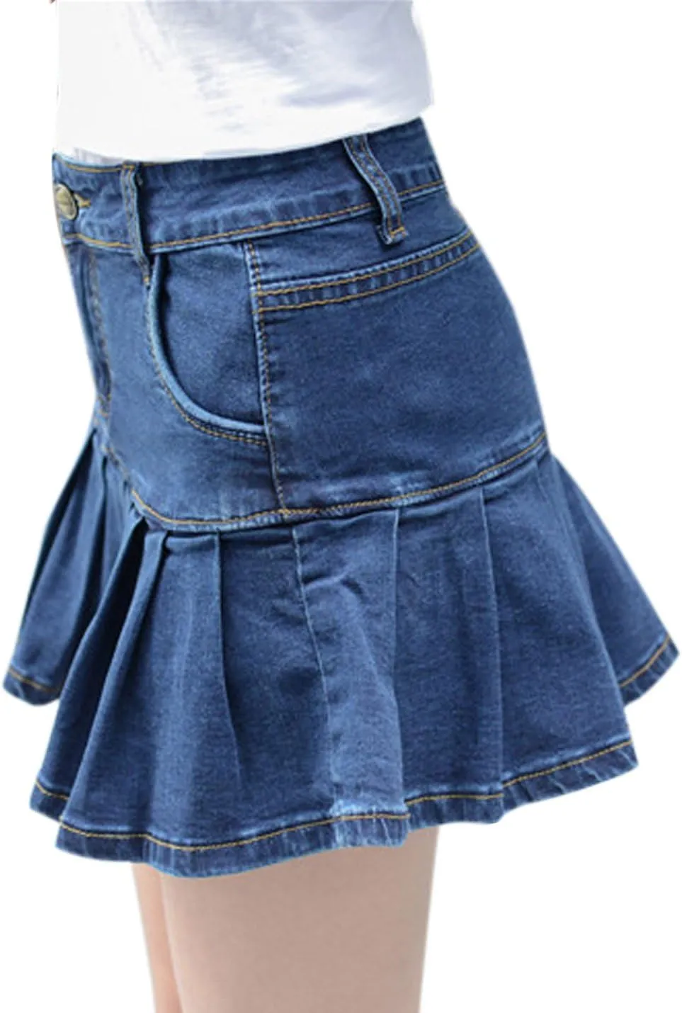 Yeokou Women's Casual Slim A-line Pleated Ruffle Short Mini Denim Skirts